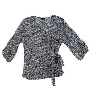 Talbots Wrap Blouse Womens XS Blue White Print Tie Waist 3/4 Sleeve Top